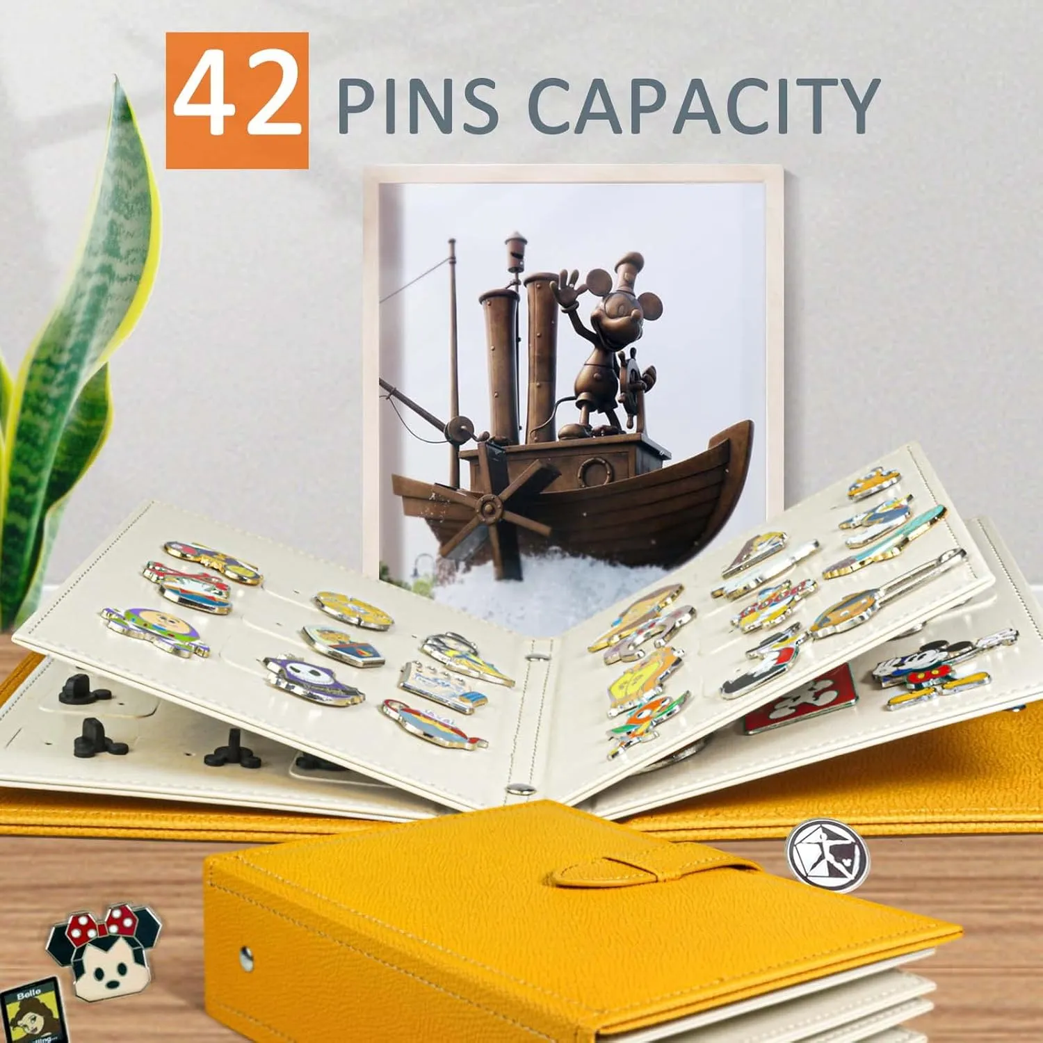 Enamel Pin Display Book, Portable Pin Holder, to Display and Trade Your Disney Pins, 42 Pin Capacity, Fits Rubber Pin Back, Yellow