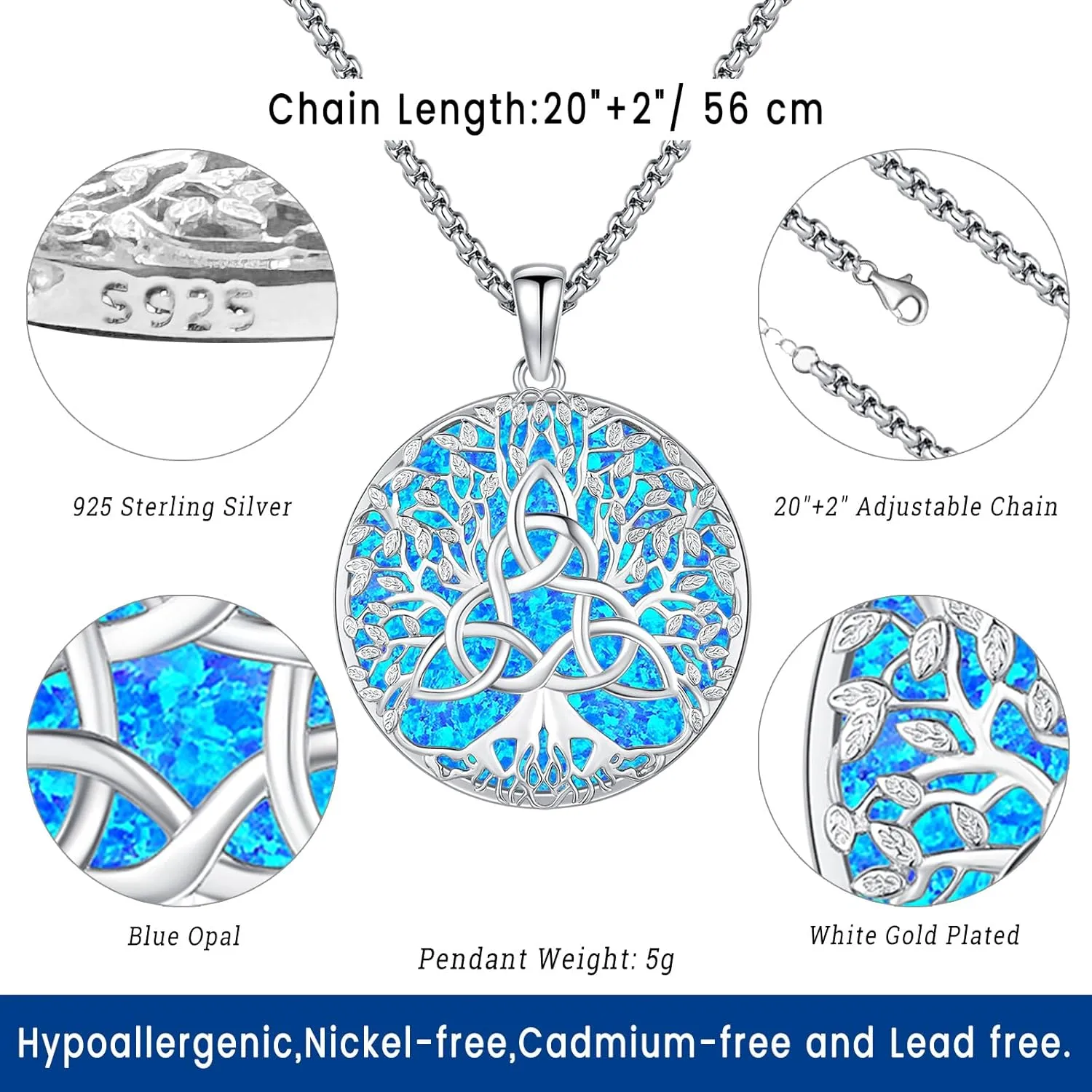 Eusense Opal Necklace for Women Men Blue White Opal Jewelry Sterling Silver 925 Genuine Real Opal Pendant Gifts