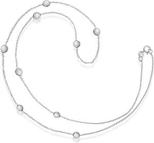 Everyday Elegance Sterling Silver Cubic Zirconia Station Necklace | 18 Inch Length Cable Rolo Chain | With Gift Box