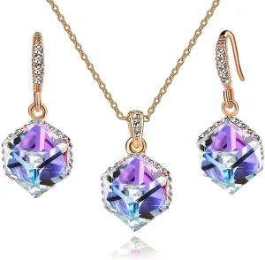 EVEVIC Colorful Cubic Austrian Crystal Pendant Necklace Earrings for Women 14K Gold Plated Hypoallergenic Jewelry Set