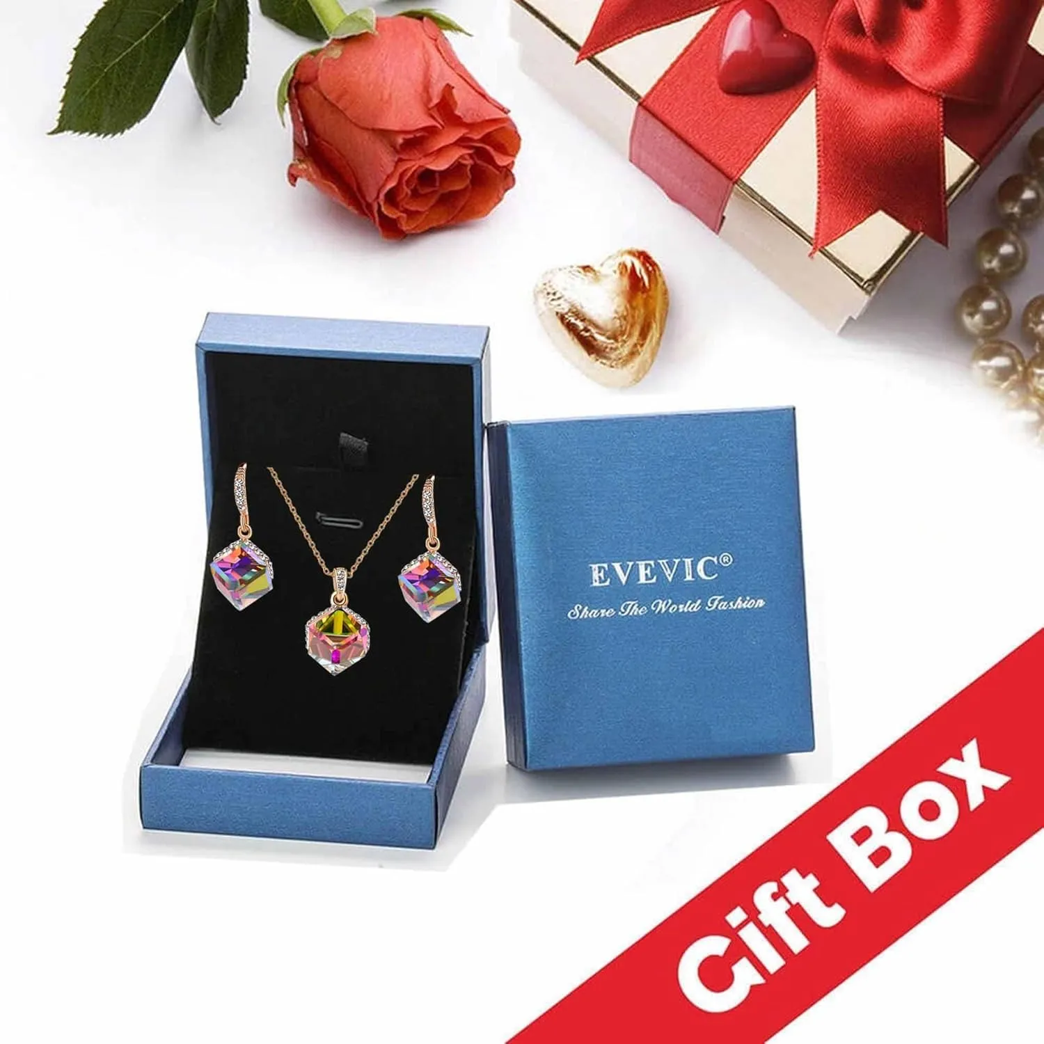 EVEVIC Colorful Cubic Austrian Crystal Pendant Necklace Earrings for Women 14K Gold Plated Hypoallergenic Jewelry Set