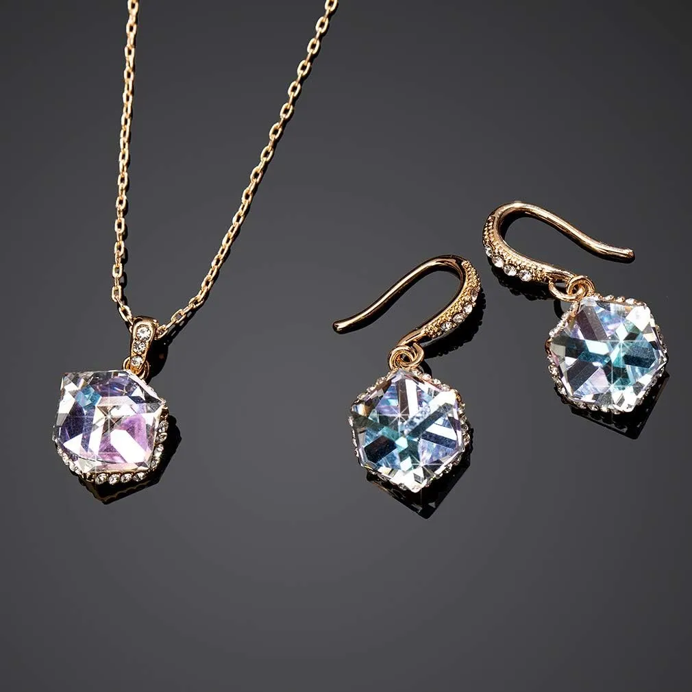 EVEVIC Colorful Cubic Austrian Crystal Pendant Necklace Earrings for Women 14K Gold Plated Hypoallergenic Jewelry Set