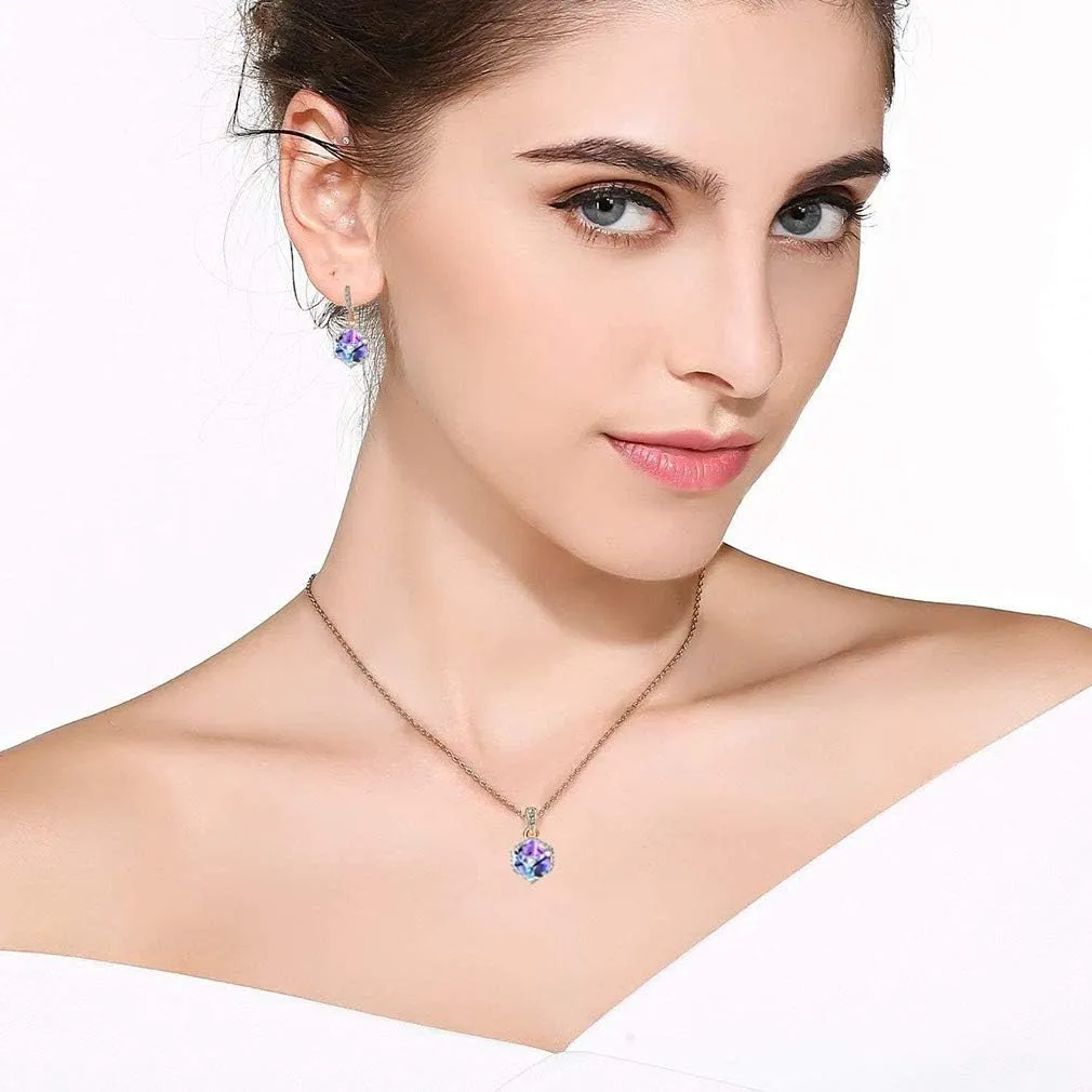 EVEVIC Colorful Cubic Austrian Crystal Pendant Necklace Earrings for Women 14K Gold Plated Hypoallergenic Jewelry Set