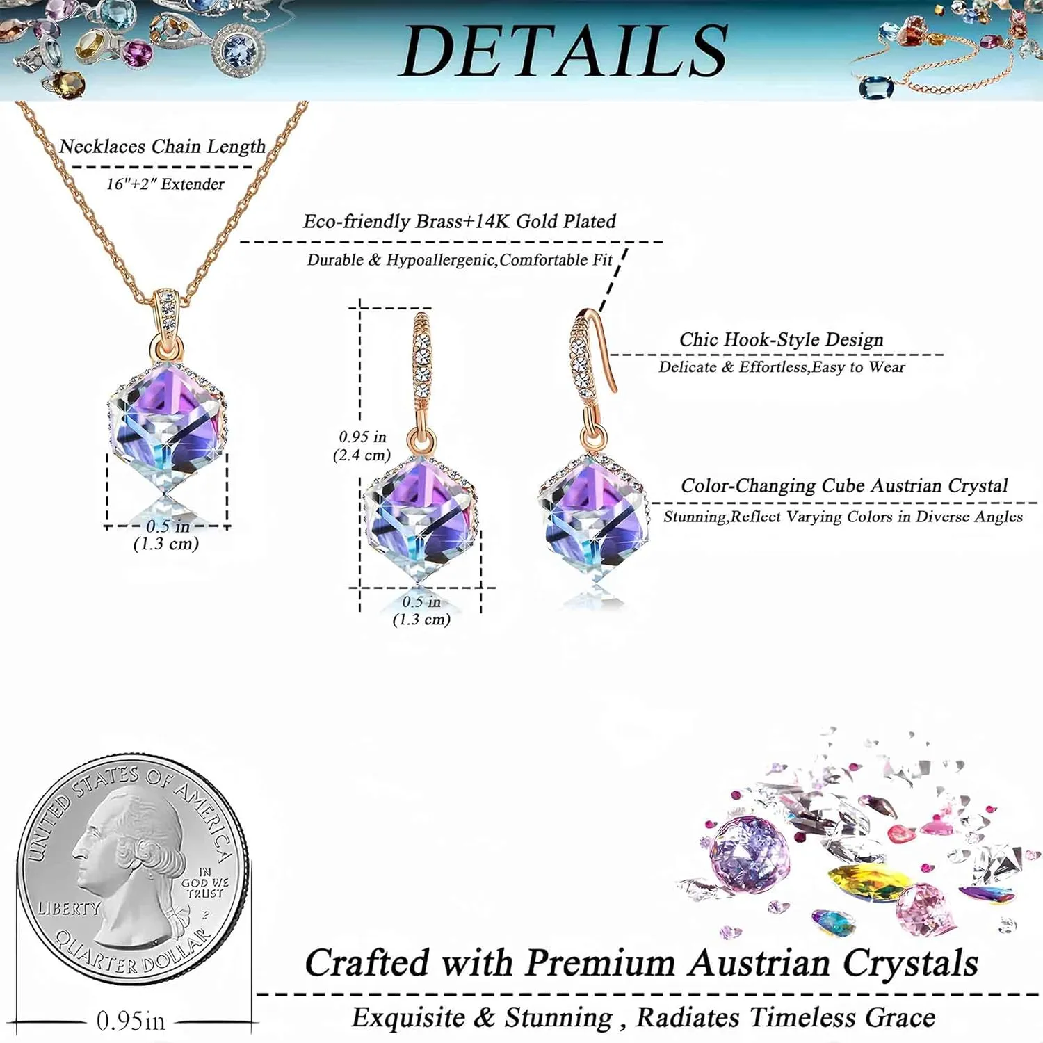 EVEVIC Colorful Cubic Austrian Crystal Pendant Necklace Earrings for Women 14K Gold Plated Hypoallergenic Jewelry Set