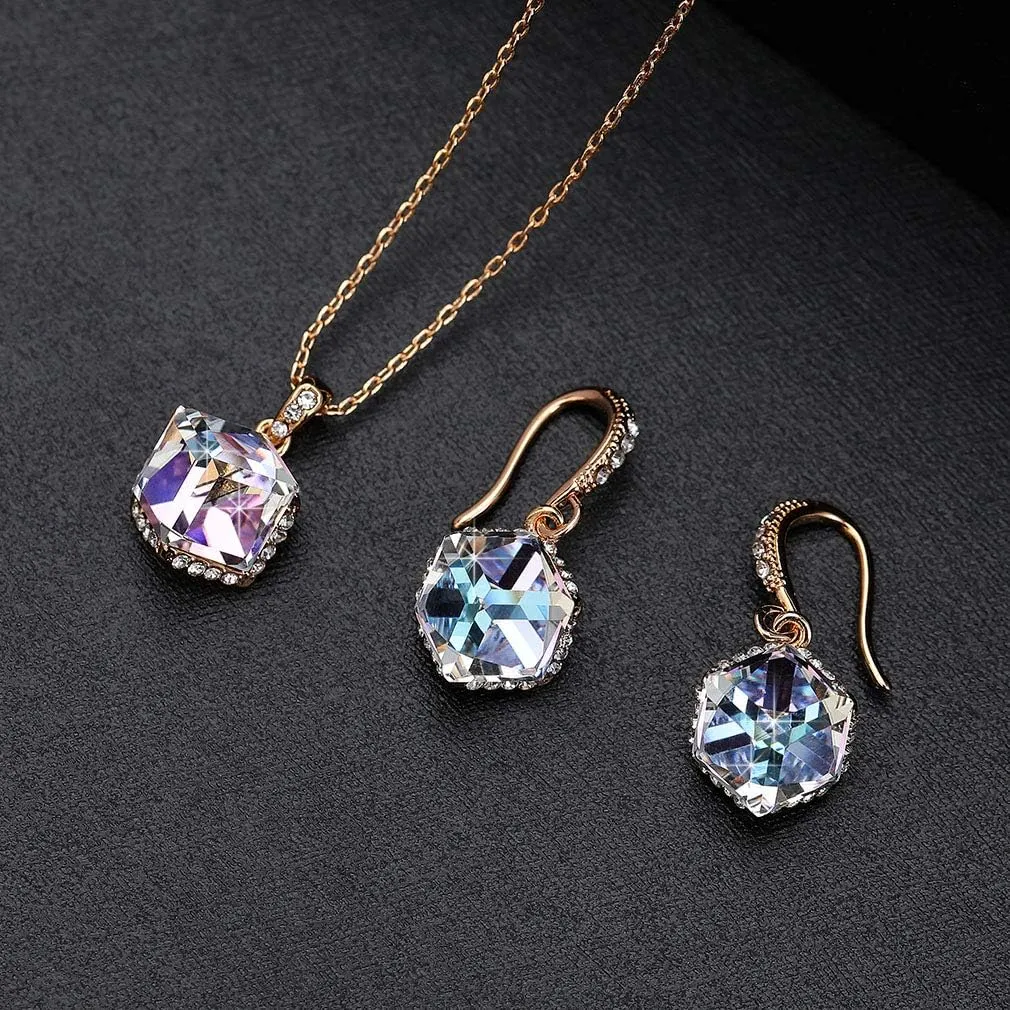 EVEVIC Colorful Cubic Austrian Crystal Pendant Necklace Earrings for Women 14K Gold Plated Hypoallergenic Jewelry Set