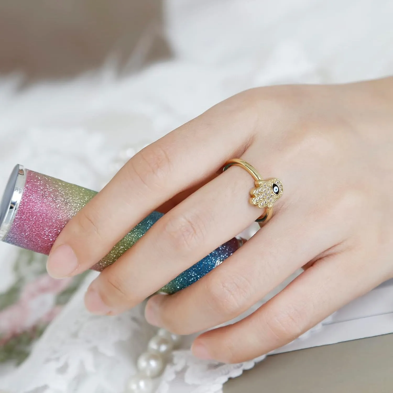 Evil Eye Ring for Women, Gold Plated Colorful Cubic Zirconia Turkish Faith Protection for Women
