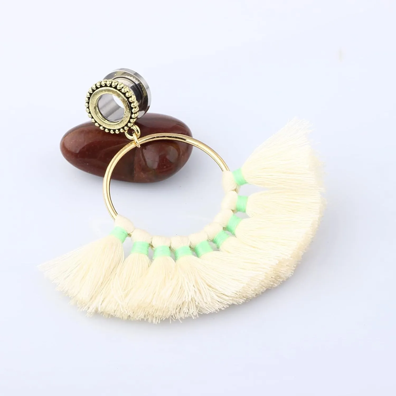 Expander Gauges, 2PCS Stainless Steel Gauges Hoop with Beige Tassel Ear Gauges 11/16 inch Piercing Jewelry Set