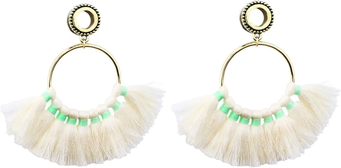 Expander Gauges, 2PCS Stainless Steel Gauges Hoop with Beige Tassel Ear Gauges 11/16 inch Piercing Jewelry Set