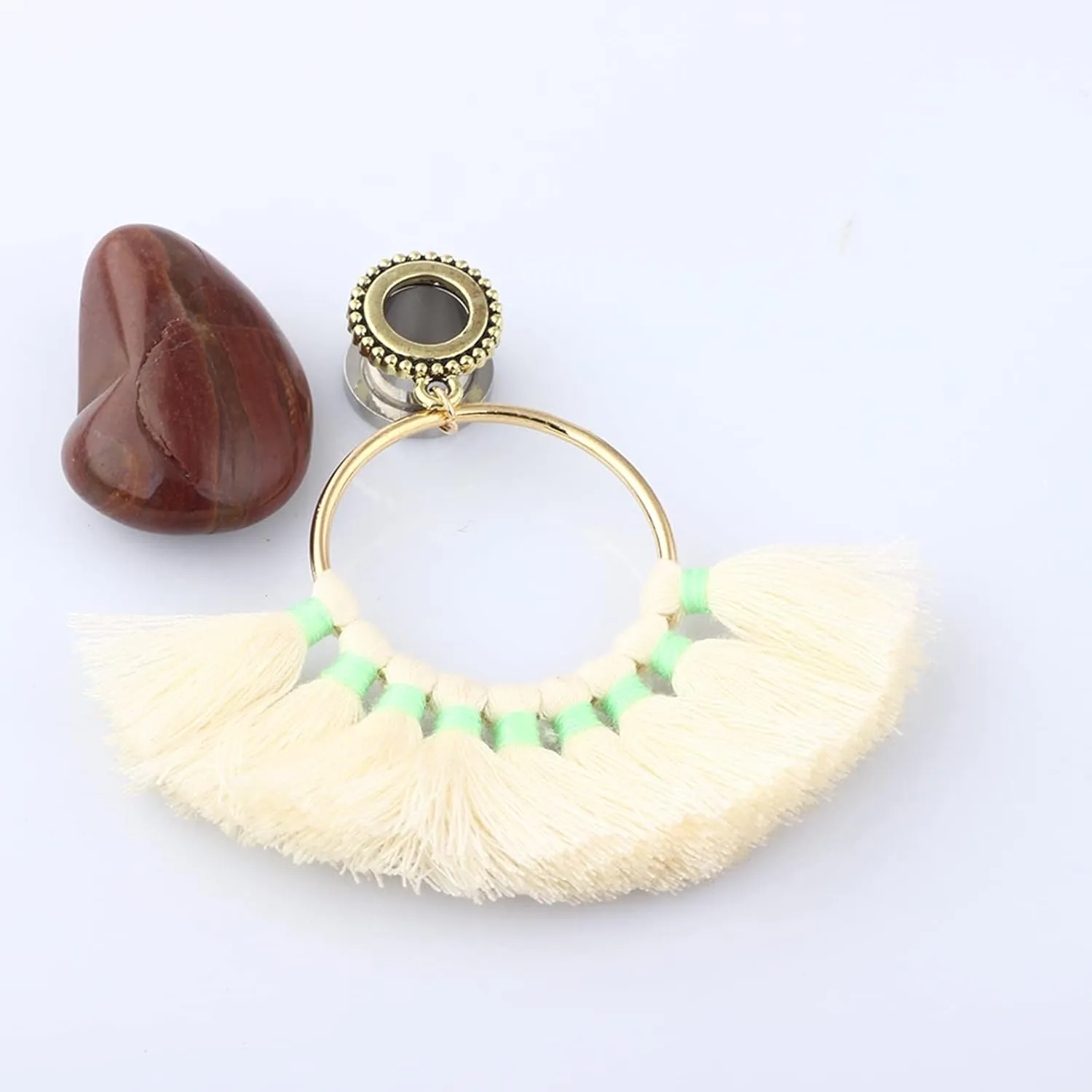 Expander Gauges, 2PCS Stainless Steel Gauges Hoop with Beige Tassel Ear Gauges 11/16 inch Piercing Jewelry Set