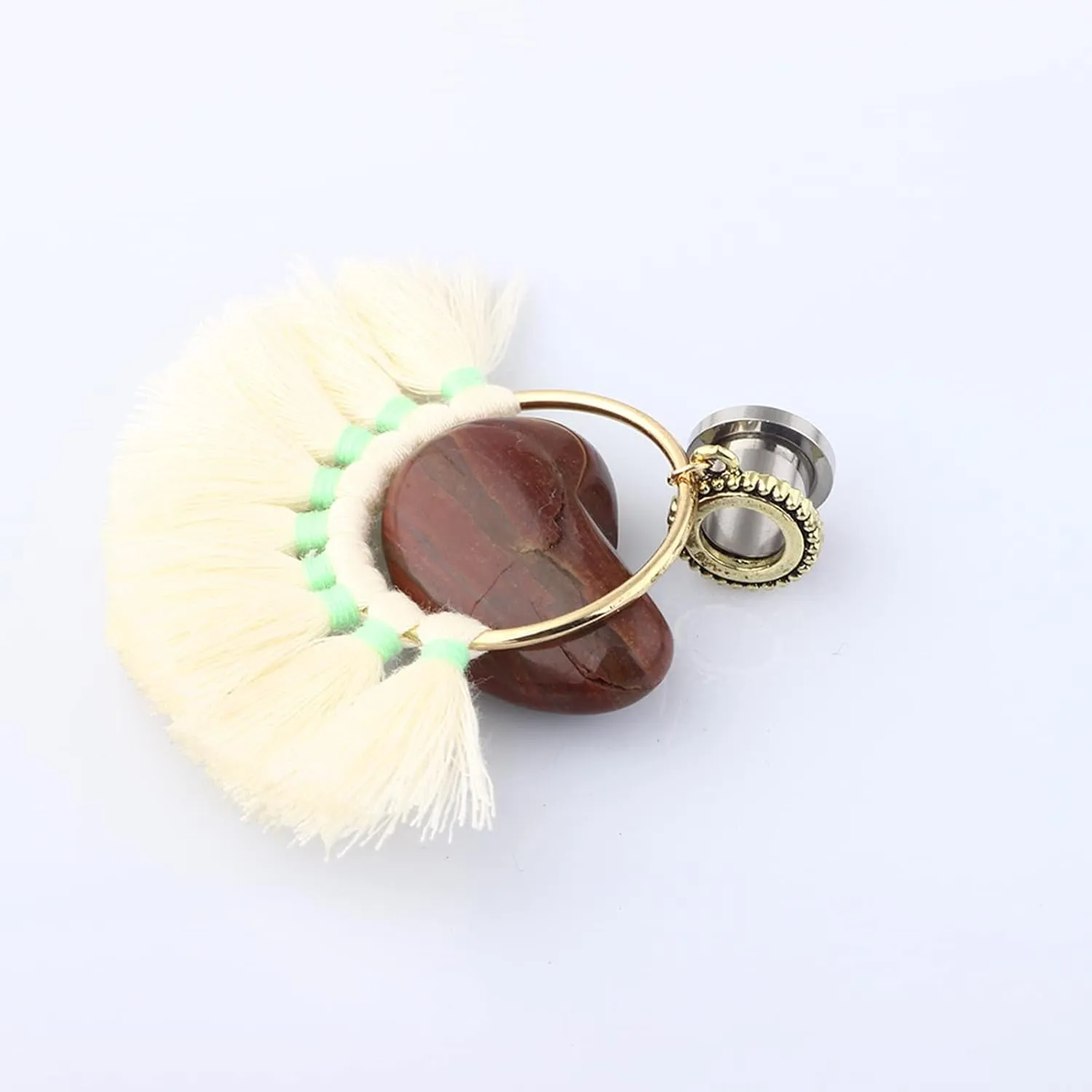 Expander Gauges, 2PCS Stainless Steel Gauges Hoop with Beige Tassel Ear Gauges 11/16 inch Piercing Jewelry Set