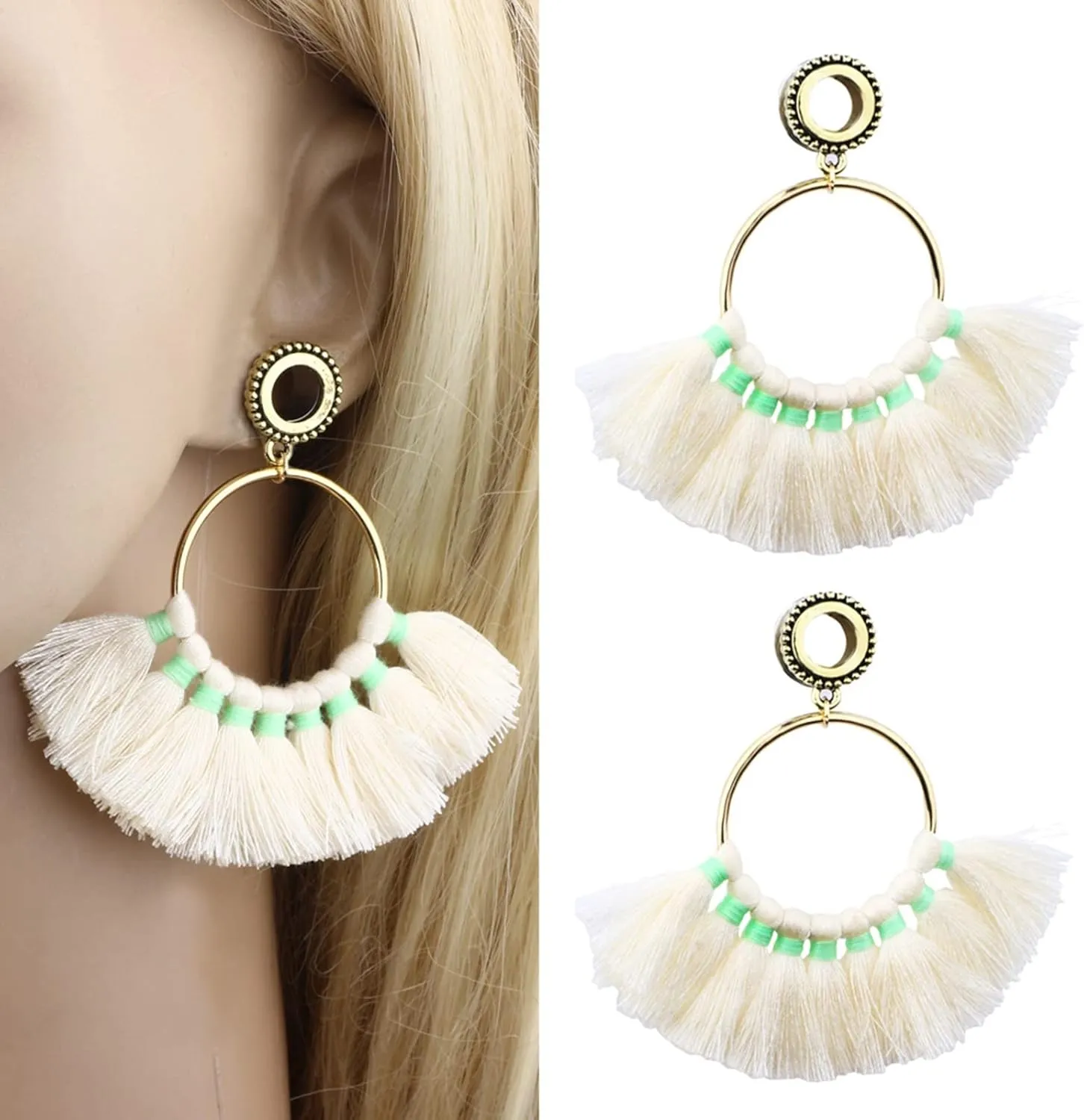 Expander Gauges, 2PCS Stainless Steel Gauges Hoop with Beige Tassel Ear Gauges 11/16 inch Piercing Jewelry Set