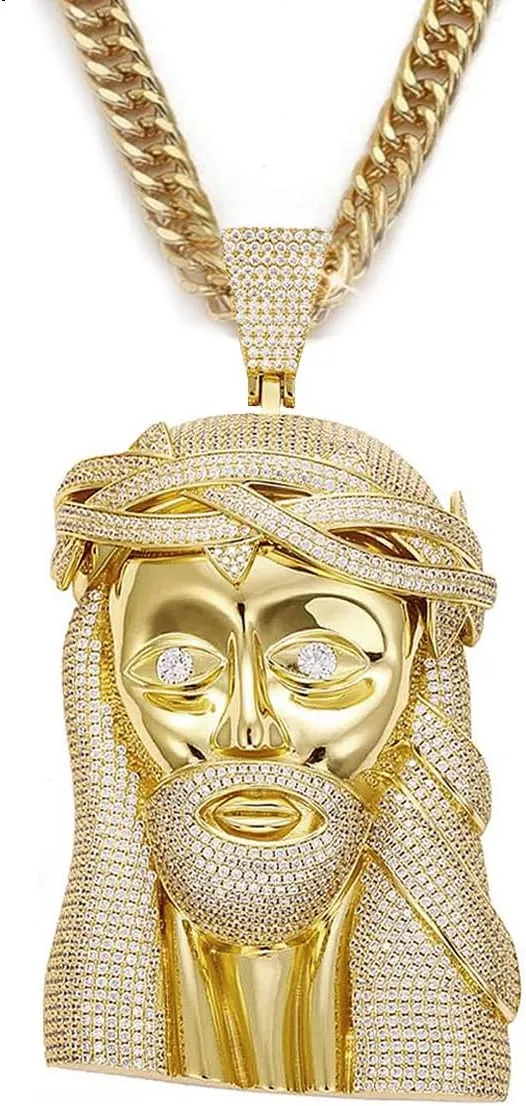 Extra Large Iced Out Jesus Head Pendant   12mm Cuban Link Chain 24in | 18K Gold-Plated Jesus Piece - Very Detailed Solid Back | Hip Hop, Rapper Jewelry | Gift Box