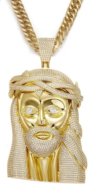 Extra Large Iced Out Jesus Head Pendant   12mm Cuban Link Chain 24in | 18K Gold-Plated Jesus Piece - Very Detailed Solid Back | Hip Hop, Rapper Jewelry | Gift Box