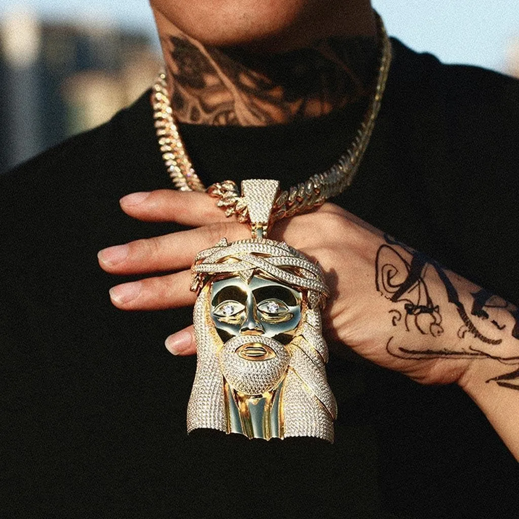 Extra Large Iced Out Jesus Head Pendant   12mm Cuban Link Chain 24in | 18K Gold-Plated Jesus Piece - Very Detailed Solid Back | Hip Hop, Rapper Jewelry | Gift Box