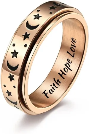 Faith Hope Love Inspirational Gift Spinner Ring Stainless Steel Band Ring for Teens Inspirational Spinner Ring Star Moon High Polish Graduation Birthday Ring for Women,Rose Gold Size 10