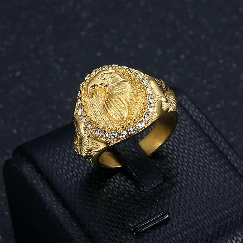 Fanshu Stainless Steel Eagle Head Gold Rings for Men Women Couple Friends Gift Hip Hop Fashion Jewelry Accessories
