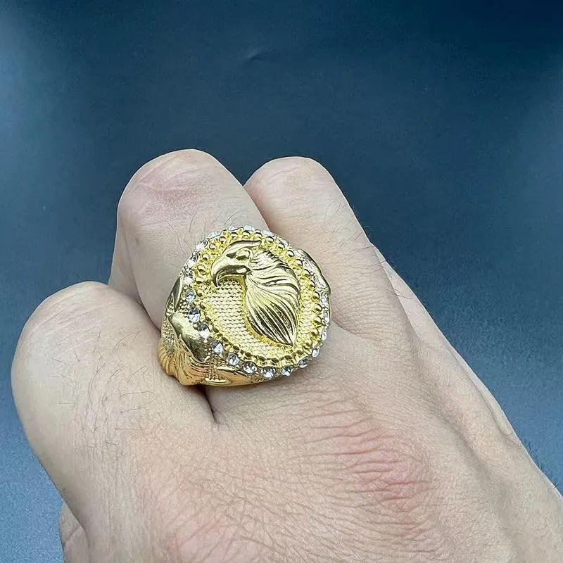 Fanshu Stainless Steel Eagle Head Gold Rings for Men Women Couple Friends Gift Hip Hop Fashion Jewelry Accessories