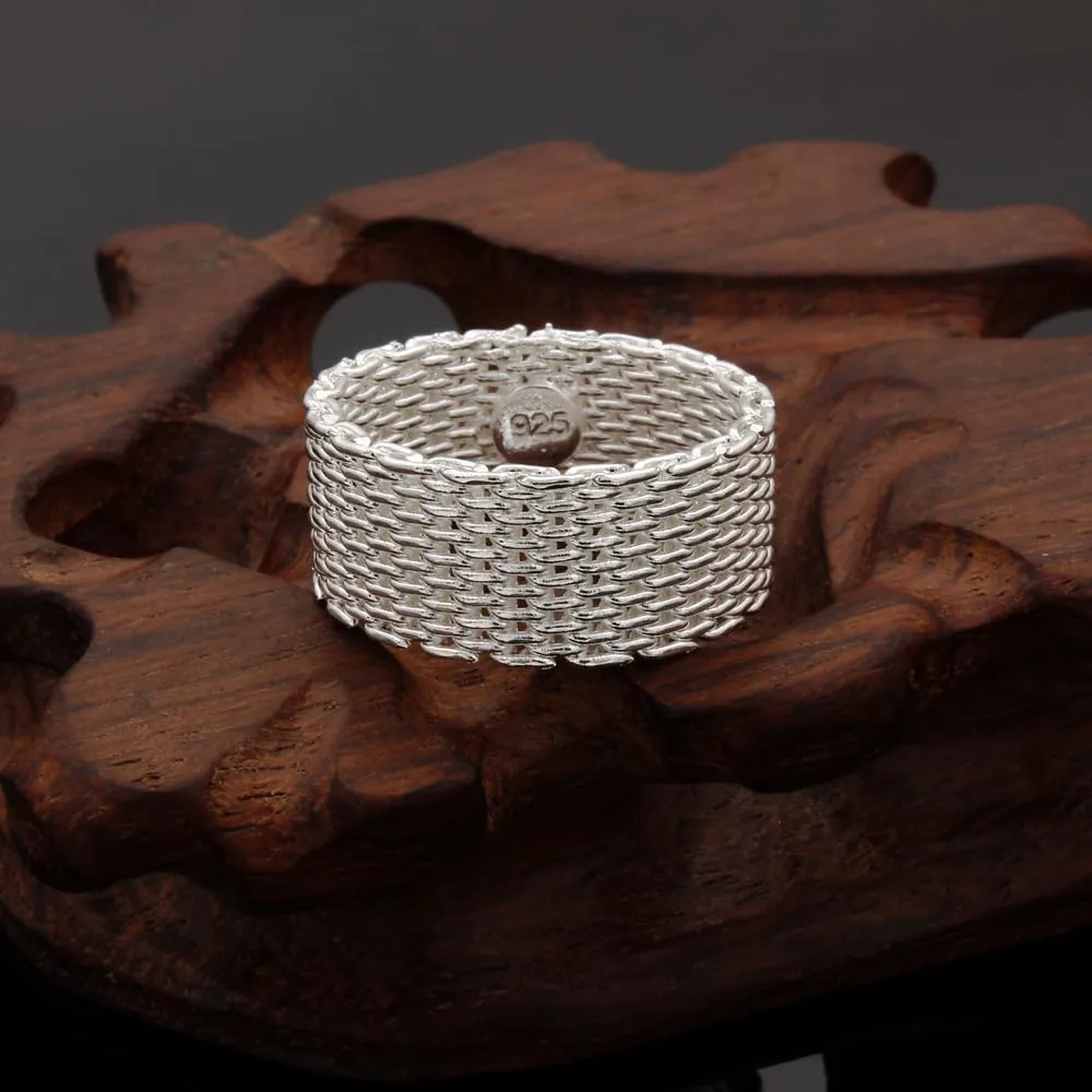 Fashion 925 Sterling Silver Mesh Net Shape Ring for Men Women, Personalize Mens Rope Chain Mail Mesh Cable Wedding Band Biker Ring, Minimalist Simple Style Statement Ring
