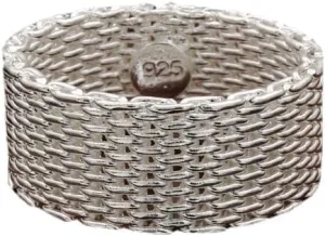 Fashion 925 Sterling Silver Mesh Net Shape Ring for Men Women, Personalize Mens Rope Chain Mail Mesh Cable Wedding Band Biker Ring, Minimalist Simple Style Statement Ring