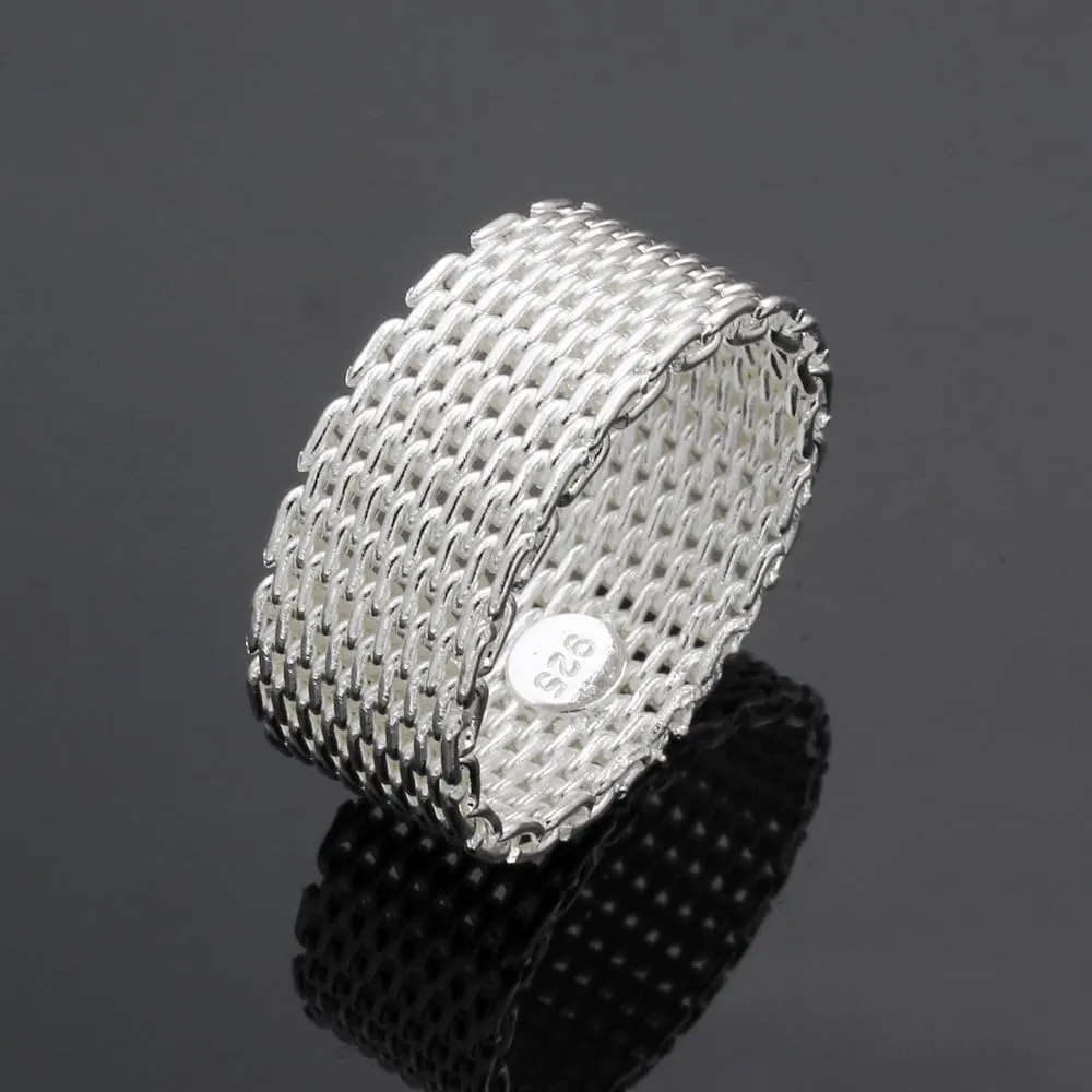 Fashion 925 Sterling Silver Mesh Net Shape Ring for Men Women, Personalize Mens Rope Chain Mail Mesh Cable Wedding Band Biker Ring, Minimalist Simple Style Statement Ring