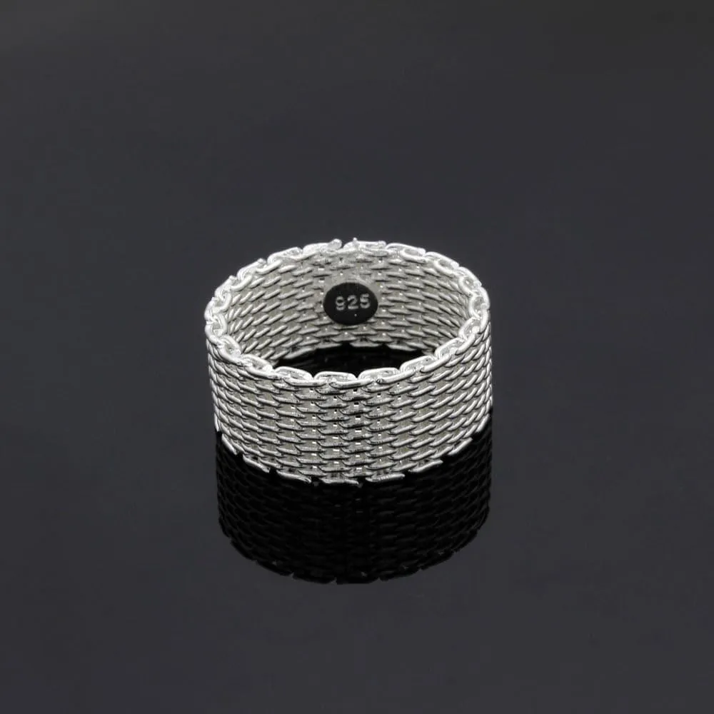 Fashion 925 Sterling Silver Mesh Net Shape Ring for Men Women, Personalize Mens Rope Chain Mail Mesh Cable Wedding Band Biker Ring, Minimalist Simple Style Statement Ring