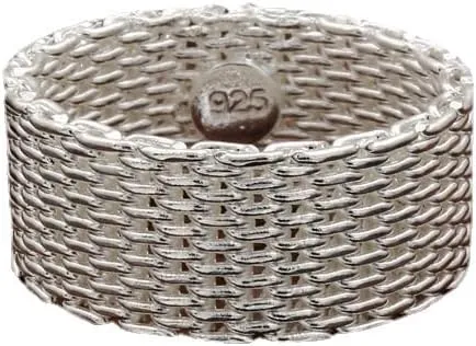 Fashion 925 Sterling Silver Mesh Net Shape Ring for Men Women, Personalize Mens Rope Chain Mail Mesh Cable Wedding Band Biker Ring, Minimalist Simple Style Statement Ring
