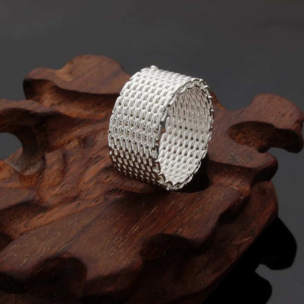 Fashion 925 Sterling Silver Mesh Net Shape Ring for Men Women, Personalize Mens Rope Chain Mail Mesh Cable Wedding Band Biker Ring, Minimalist Simple Style Statement Ring