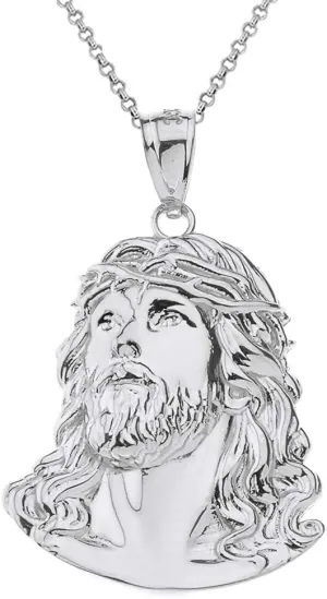 Fashion Sterling Silver Jesus Christ Face Bible Christian Pendant Necklace, 1.12"