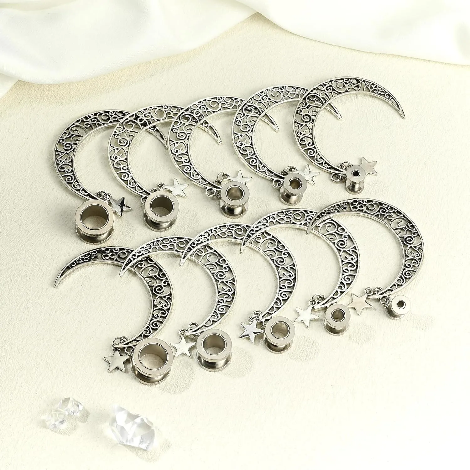 FECTAS Ear Gauge Tunnels Surgical Steel Tunnel Large Moon Dangle Hoop Ear Gauges Stretching Piercing Plugs Jewelry Size 00g