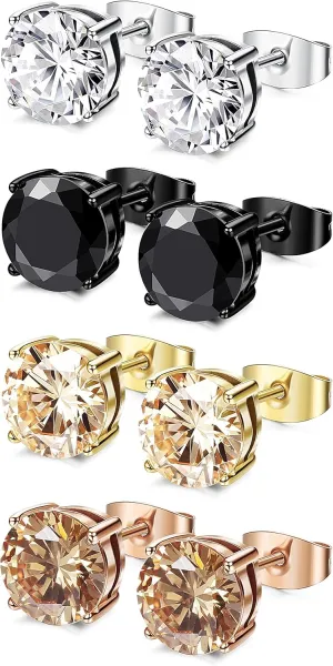 FIBO STEEL 4 Pairs Stainless Steel Stud Earrings for Men Women Ear Piercing Earrings Cubic Zirconia Inlaid,3-8 mm