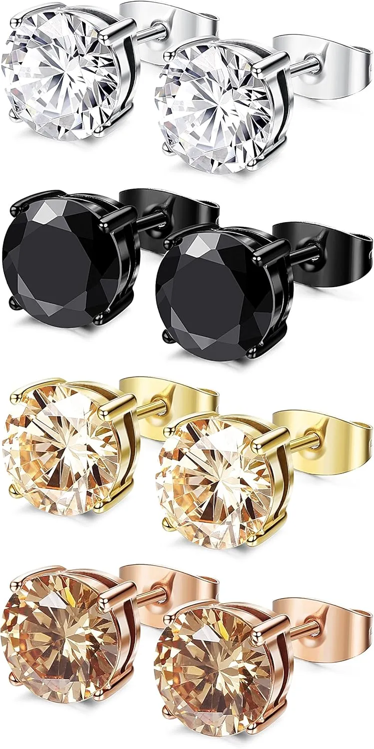 FIBO STEEL 4 Pairs Stainless Steel Stud Earrings for Men Women Ear Piercing Earrings Cubic Zirconia Inlaid,3-8 mm