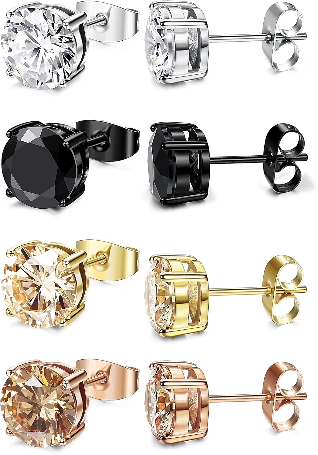 FIBO STEEL 4 Pairs Stainless Steel Stud Earrings for Men Women Ear Piercing Earrings Cubic Zirconia Inlaid,3-8 mm