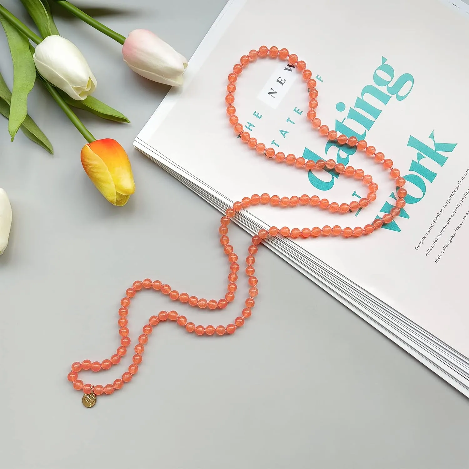 Firstmeet Stone Necklace Long Agate Beads Chain Round Smooth Bracelet Jewelry for Women