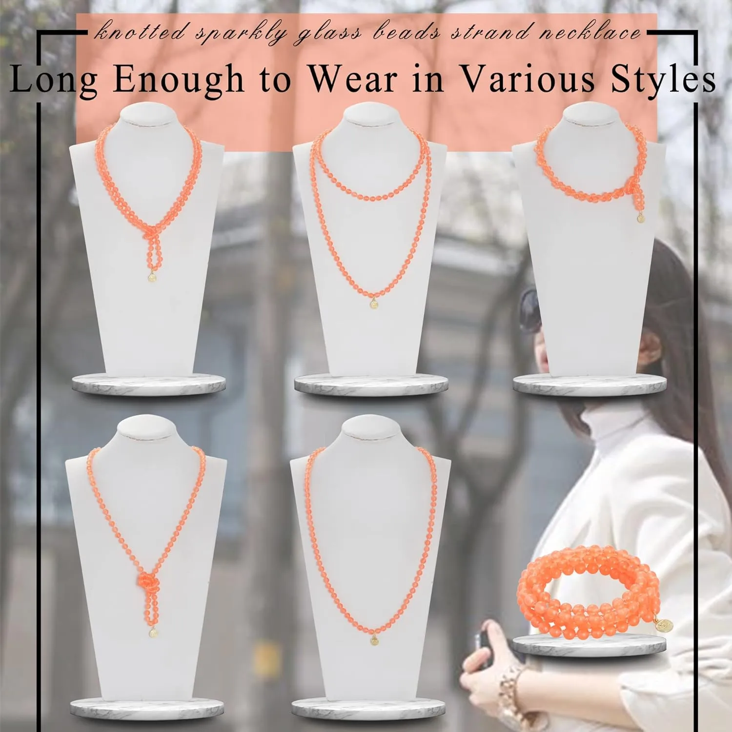 Firstmeet Stone Necklace Long Agate Beads Chain Round Smooth Bracelet Jewelry for Women