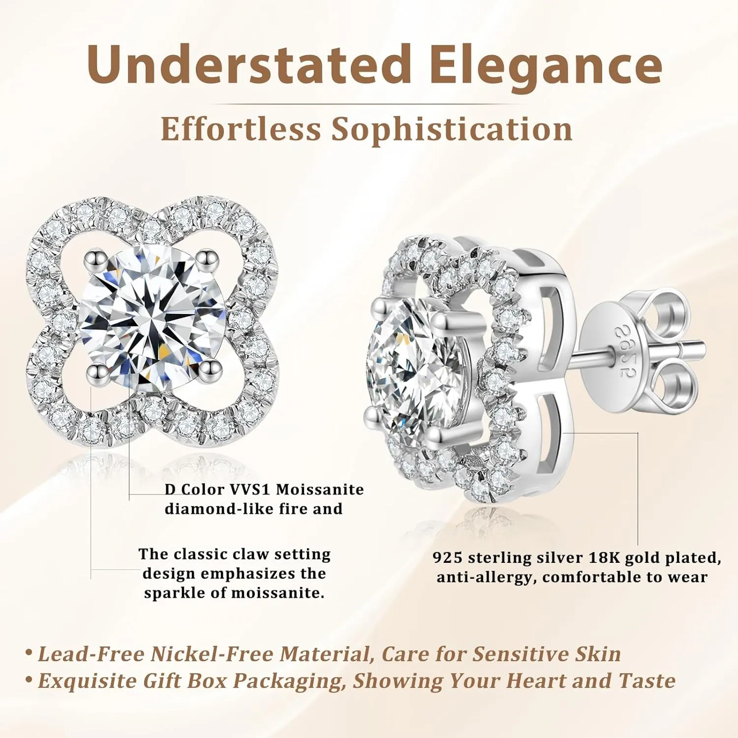 Floral Moissanite Stud Earrings 0.7-3 Carat D Color VVS1 Lab Cultured Diamond Earrings Sterling Silver 18K Gold Plated Hypoallergenic Friction Back Earrings for Women Men Jewelry