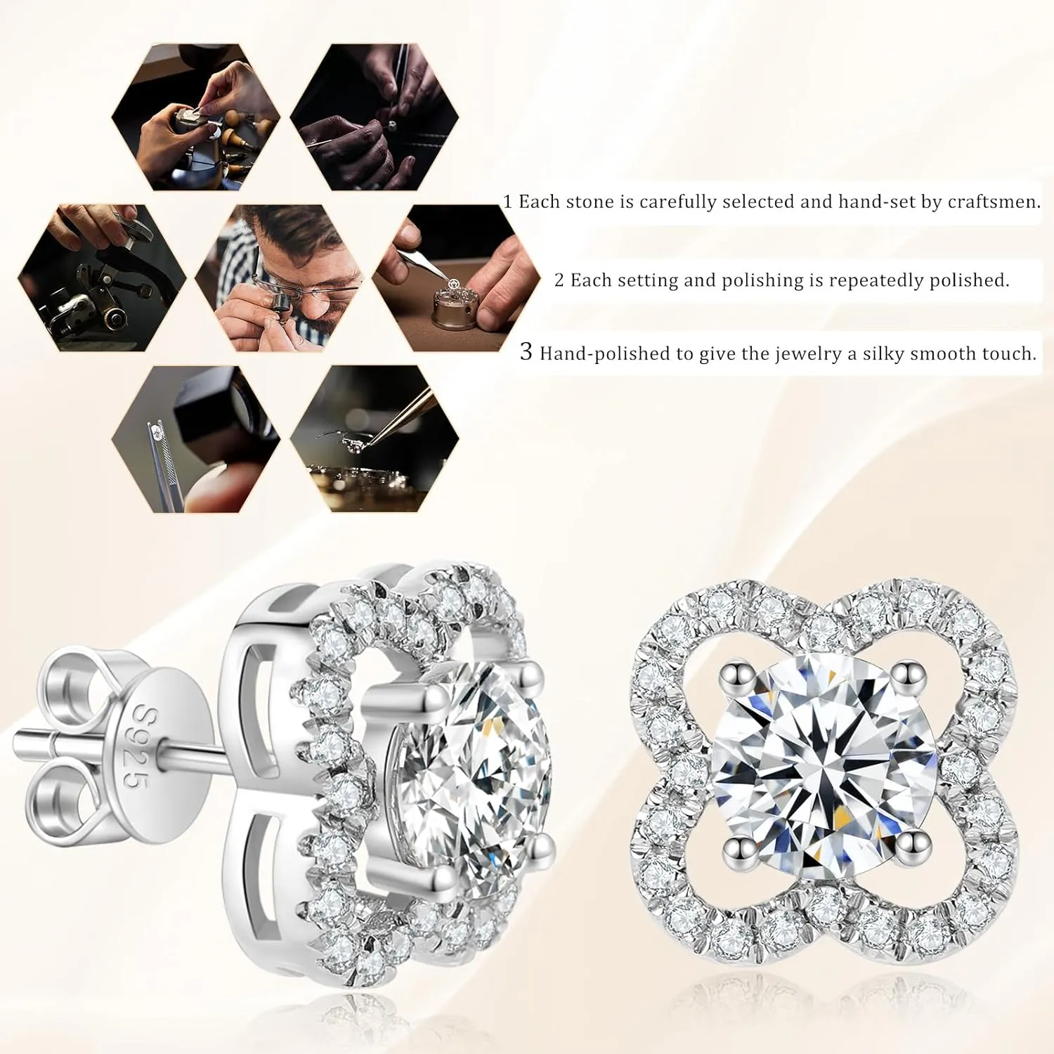 Floral Moissanite Stud Earrings 0.7-3 Carat D Color VVS1 Lab Cultured Diamond Earrings Sterling Silver 18K Gold Plated Hypoallergenic Friction Back Earrings for Women Men Jewelry