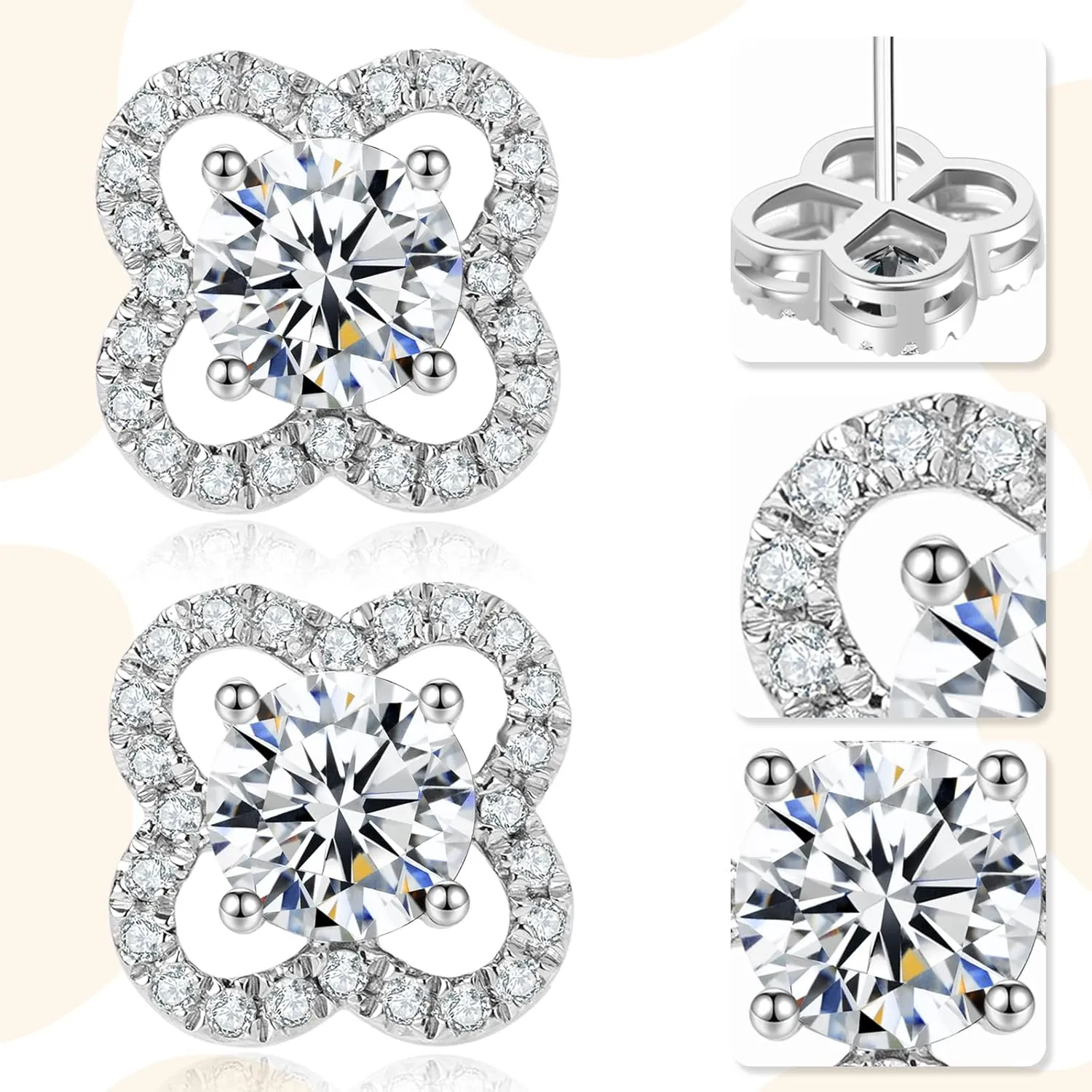 Floral Moissanite Stud Earrings 0.7-3 Carat D Color VVS1 Lab Cultured Diamond Earrings Sterling Silver 18K Gold Plated Hypoallergenic Friction Back Earrings for Women Men Jewelry