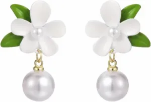 Flower Pearl Stud Earrings for Women Charm Sweet Fragrant White Gardenia Jasmine Petal Green Leaf Lightweight Dangle Drop Earrings for Birthday Valentine Party Holiday Festival Jewelry Gifts