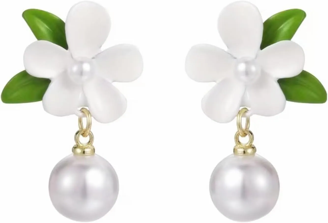 Flower Pearl Stud Earrings for Women Charm Sweet Fragrant White Gardenia Jasmine Petal Green Leaf Lightweight Dangle Drop Earrings for Birthday Valentine Party Holiday Festival Jewelry Gifts