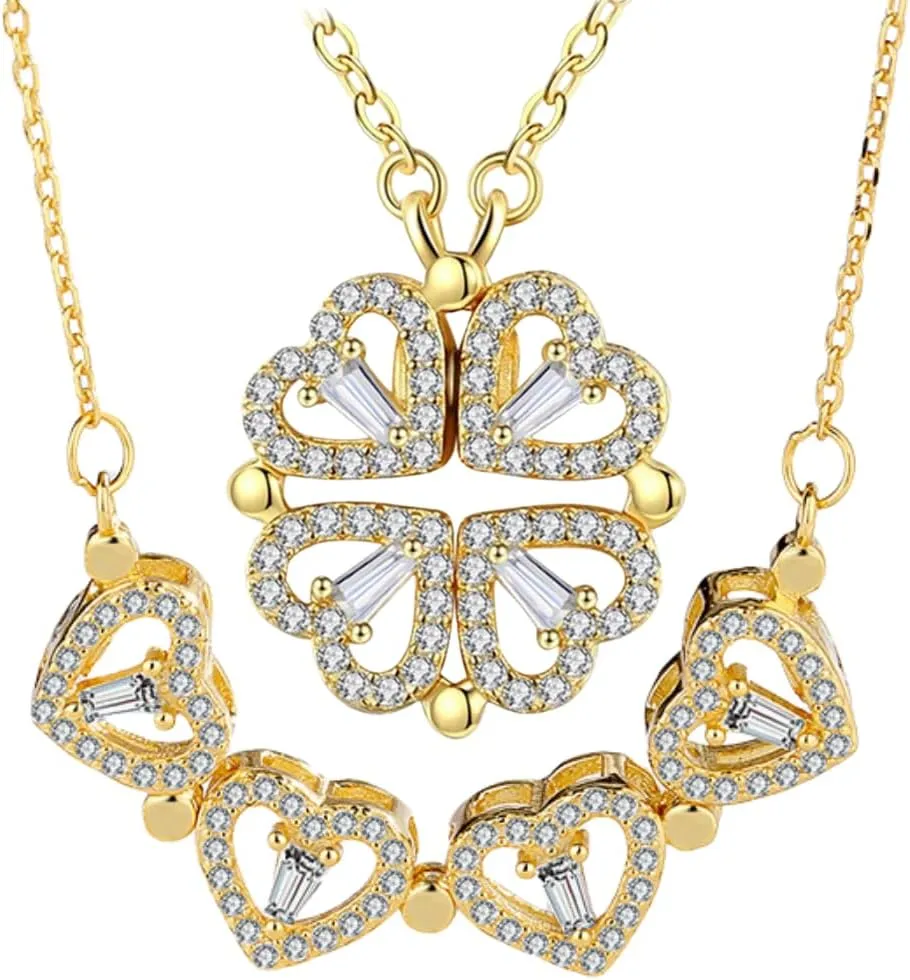 Foldable 4 Leaf Clover Necklace - Premium Quality Stainless Steel, 18k Gold Plated | Ideal Gift for Women's Birthday, Valentine's Day Gift, Clover Pendant Necklace for Her