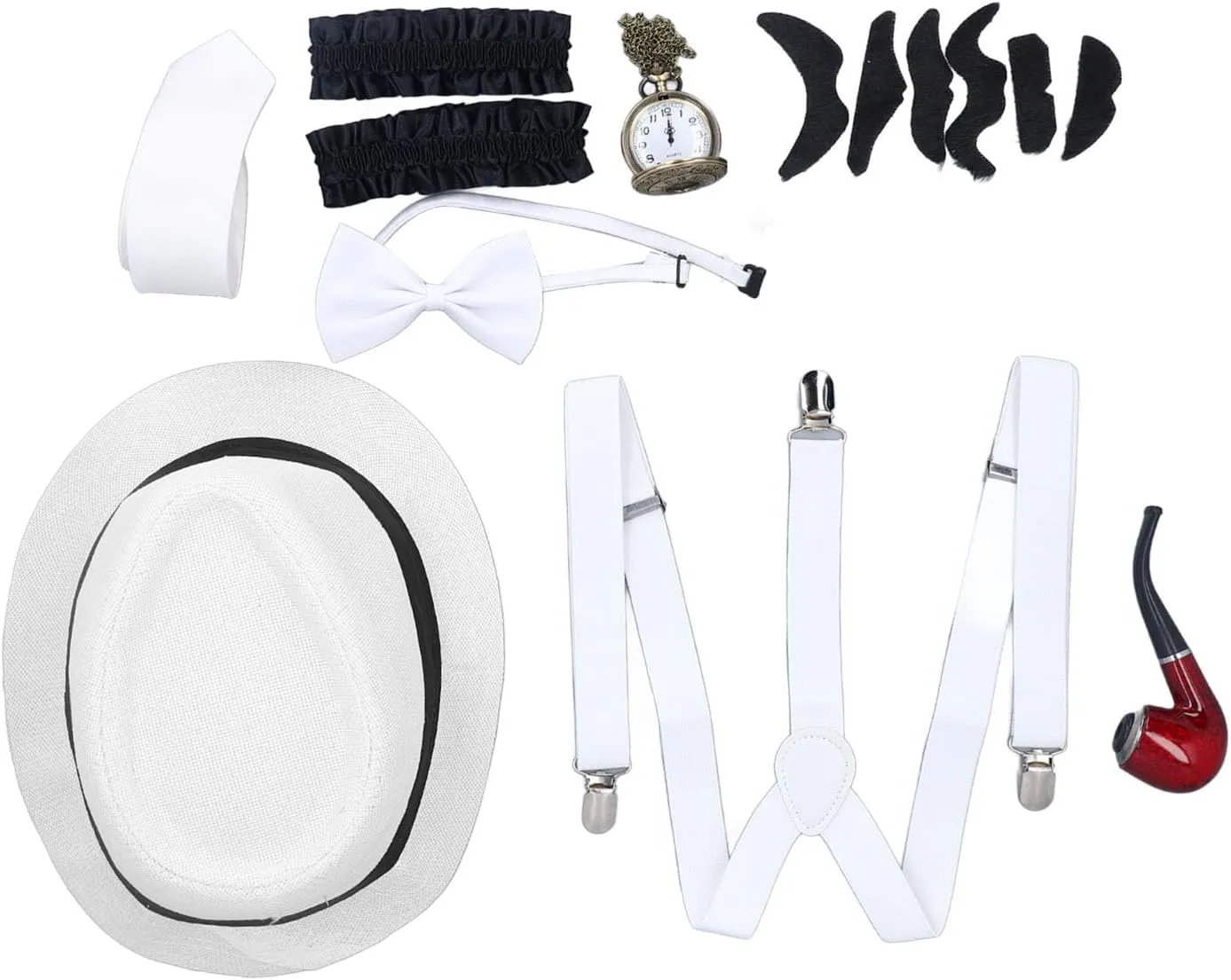 FOSA 1920s Old Man Costume Set, Gangster Dress Up Kit with Hat, Suspenders, Watch, Pipe, Bow Tie, Glasses, for Kids Retro Dance Parties (White)