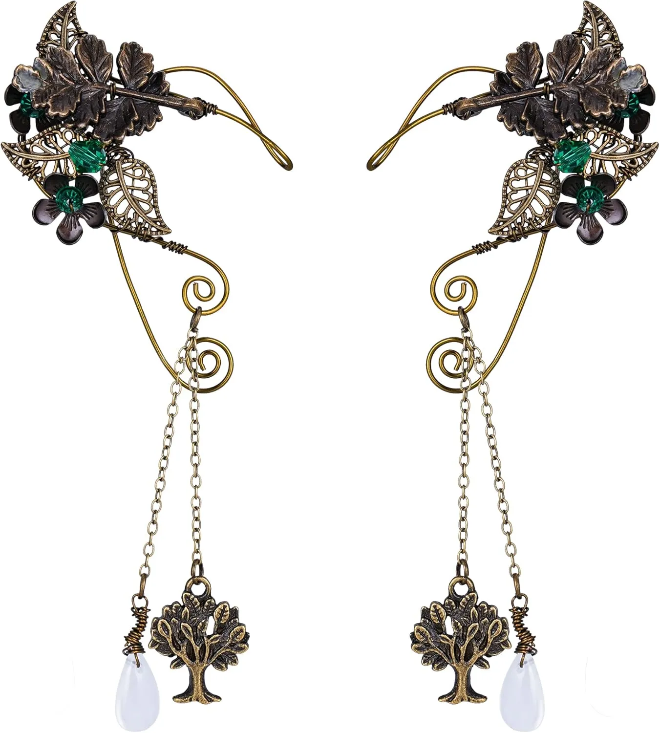 FRESHME Fairy Elf Ear Cuffs - Handmade Bronze Antique Vintage Cuffs Drop Dangling Ear Clips Wraps for Women s Costume