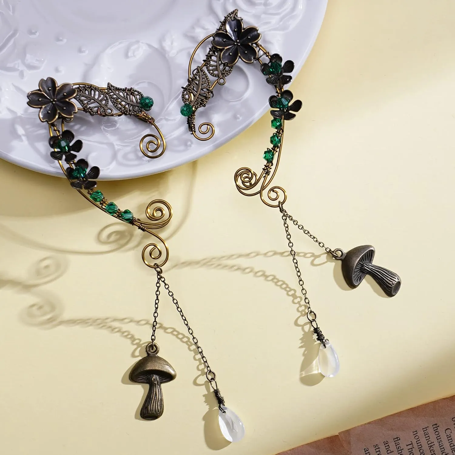 FRESHME Fairy Elf Ear Cuffs - Handmade Bronze Antique Vintage Cuffs Drop Dangling Ear Clips Wraps for Women s Costume