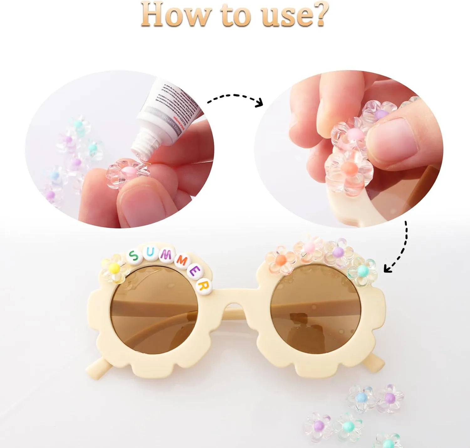 Fumwase Kids Round Flower Sunglasses for Girls Toddler - 12 Pairs, 100 Letter Beads, 50 Flower Beads, 1 Glue