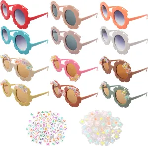 Fumwase Kids Round Flower Sunglasses for Girls Toddler - 12 Pairs, 100 Letter Beads, 50 Flower Beads, 1 Glue