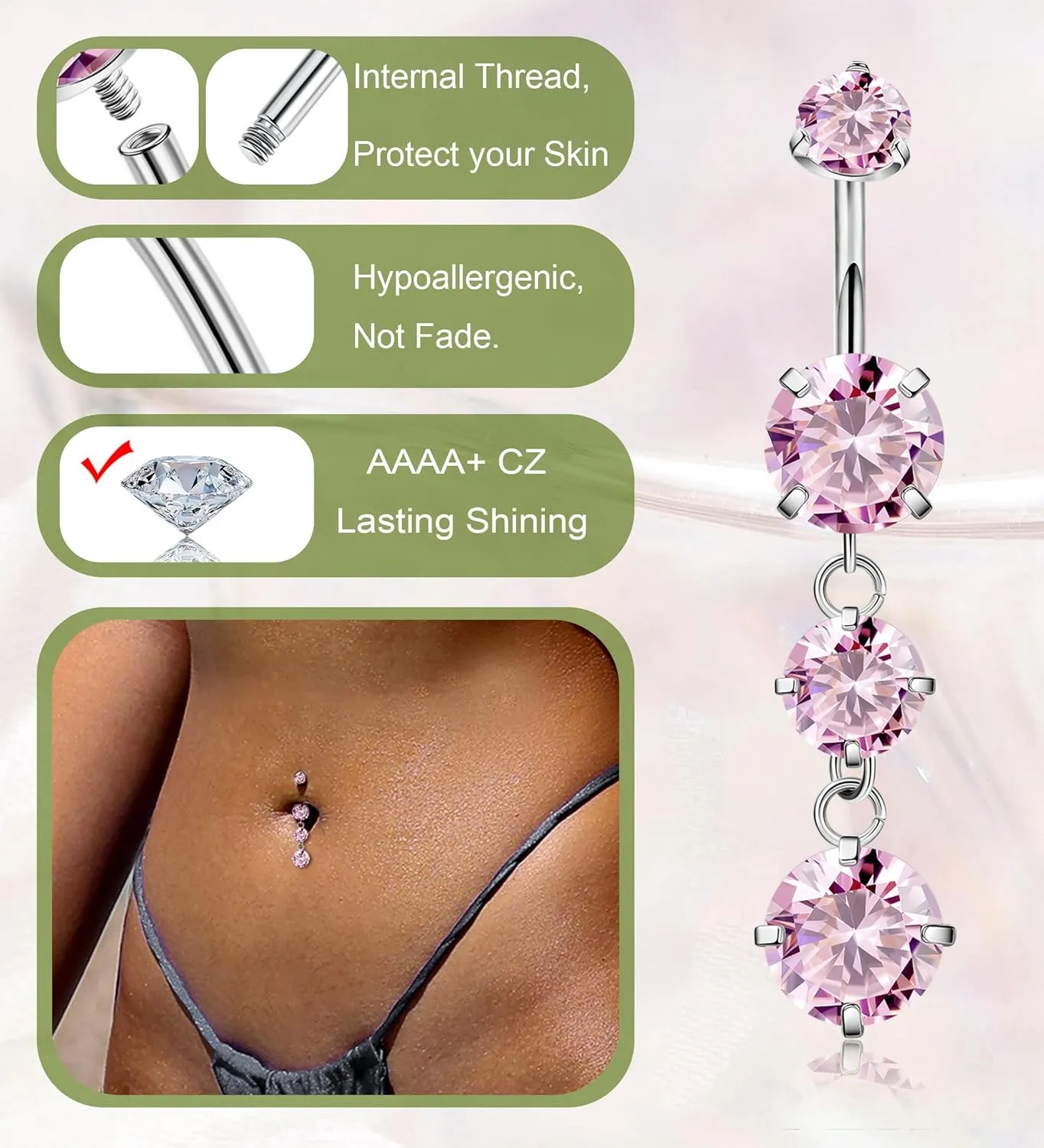 G23 Titanium Dangle Belly Button Rings for Women Dangling Navel Rings CZ Belly Rings Curved Barbell Internally Threaded Belly Piercing Jewelry