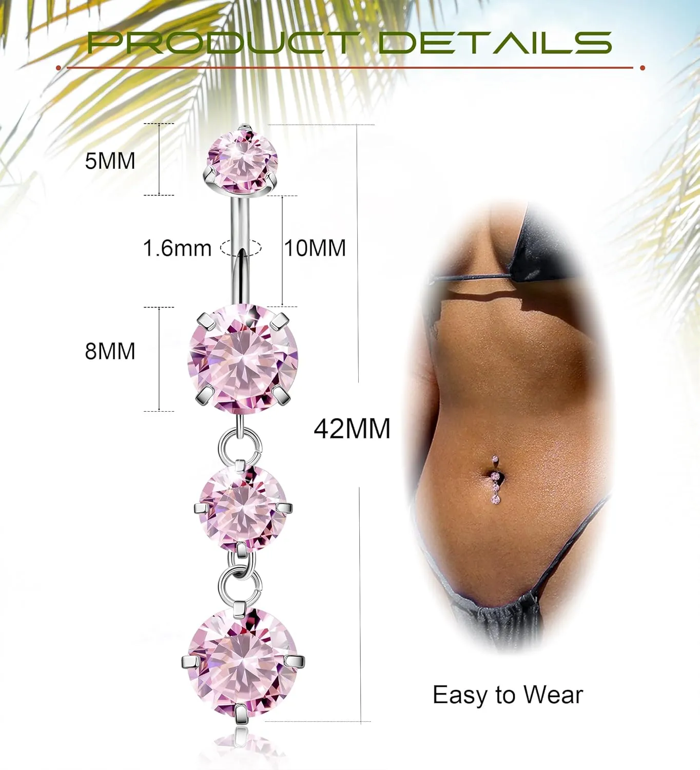 G23 Titanium Dangle Belly Button Rings for Women Dangling Navel Rings CZ Belly Rings Curved Barbell Internally Threaded Belly Piercing Jewelry