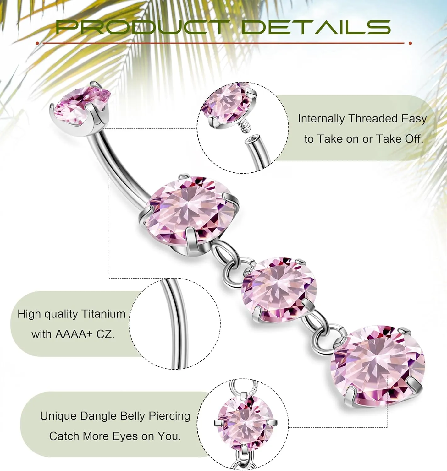 G23 Titanium Dangle Belly Button Rings for Women Dangling Navel Rings CZ Belly Rings Curved Barbell Internally Threaded Belly Piercing Jewelry