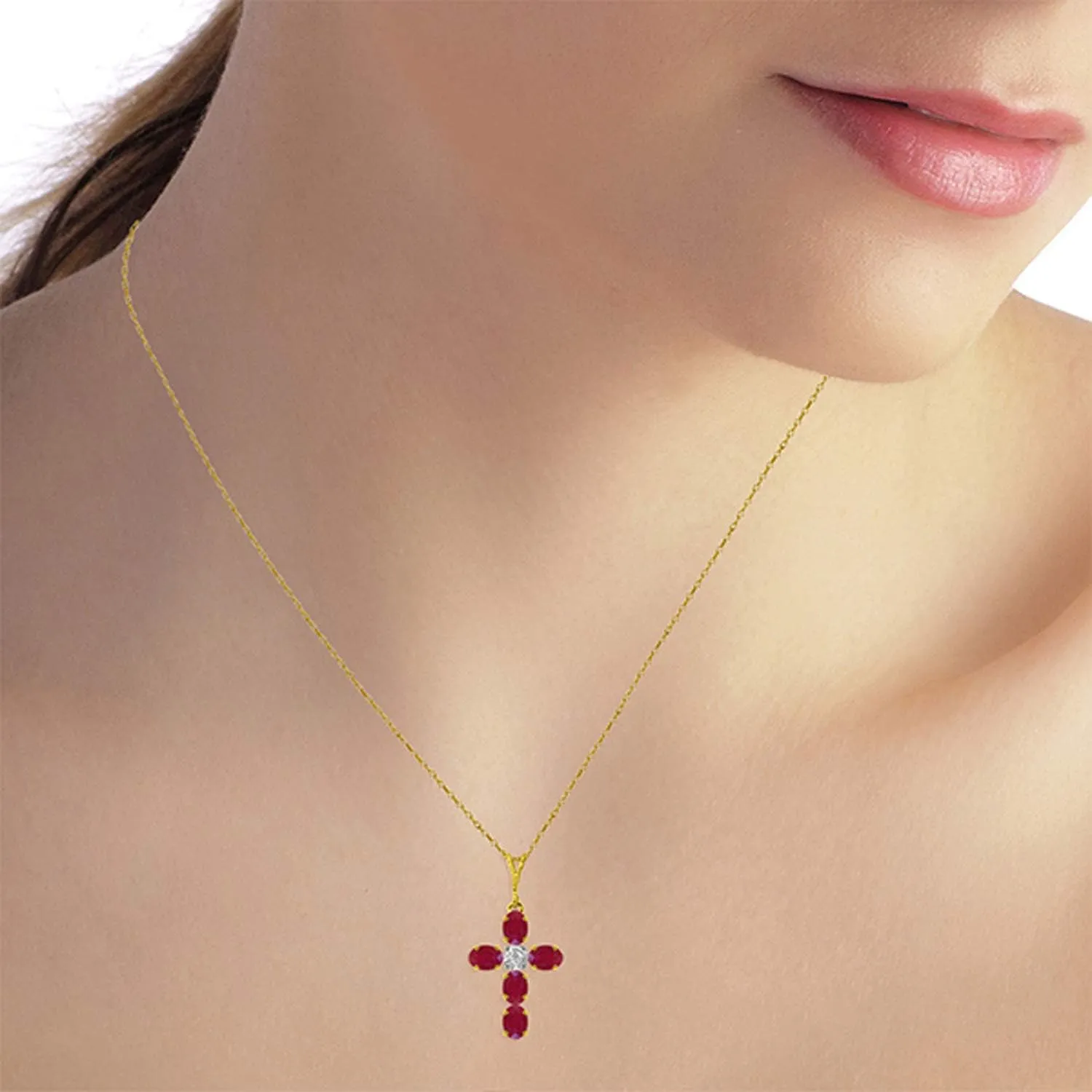 Galaxy Gold GG 14k Solid Yellow Gold Cross Necklace 1.75 ct Ruby Diamond