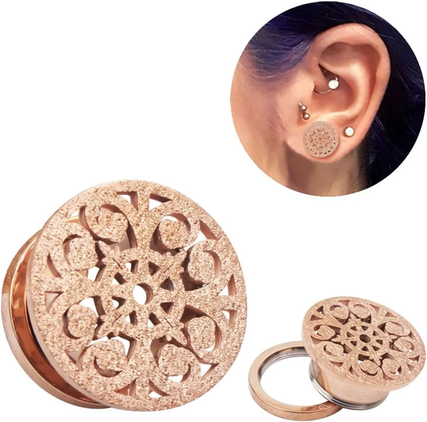 Gauges Tunnels, 2PCS Stainless Steel Tunnels Round with Matte Hollow Flower Gauge Plugs Body Piercings Jewelry